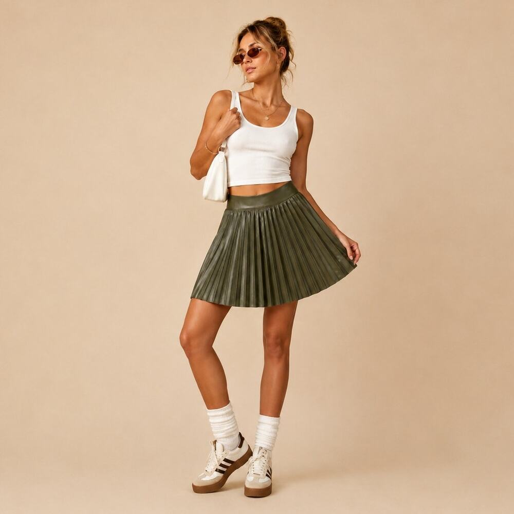 Pleated Mini Skirt Olive Green Faux Leather Women's Medium Stretch Waist